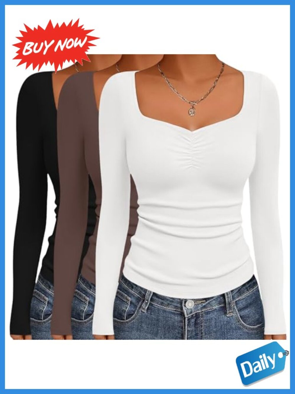 Womens 3 Pack Long Sleeve Fitted Basic Layering Tee Sweetheart Neck Stretch